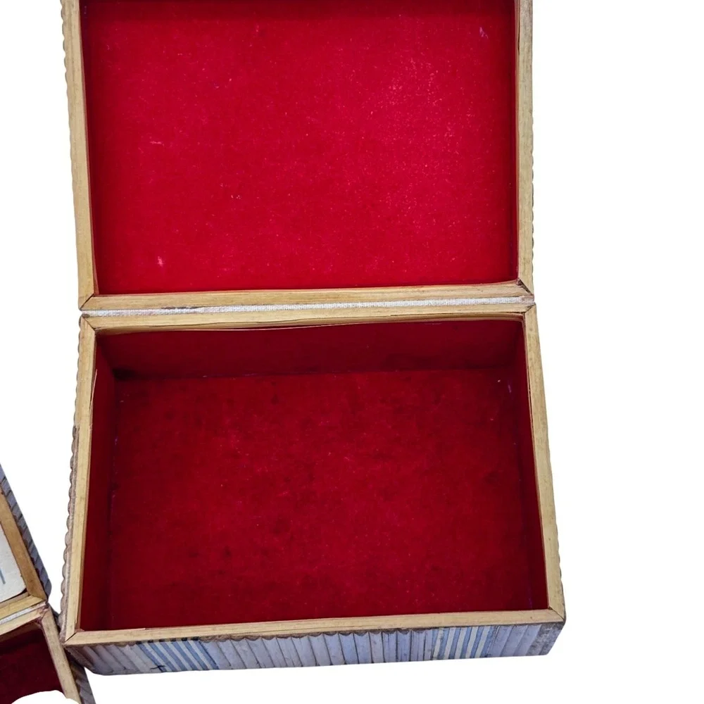 Vintage Trinket Box Set 2pc Straw Marquetry Rose Floral Brown Wood Jewelry Case